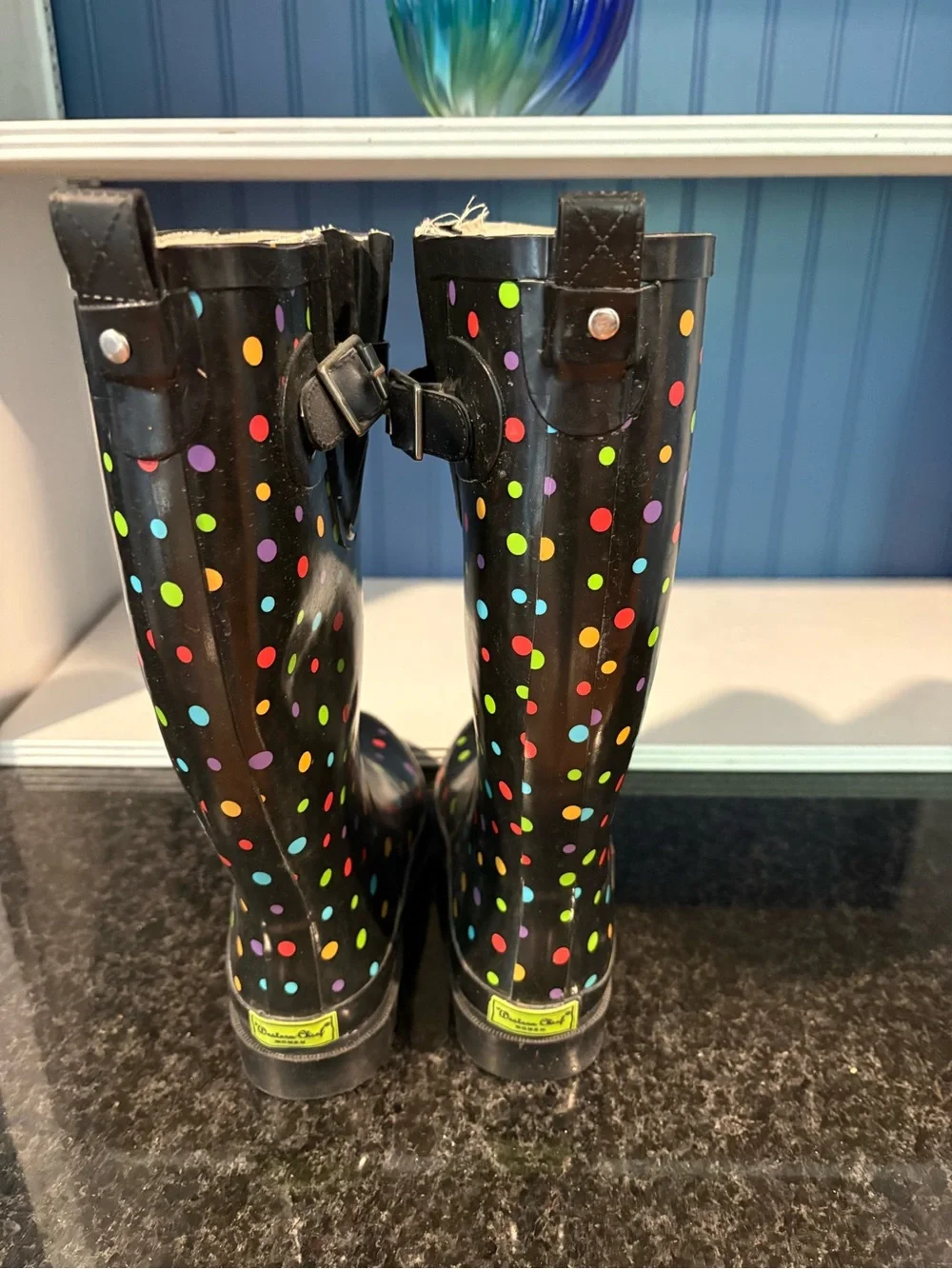 Western Chief Black Rain Boots with Multicolor Polka Dots